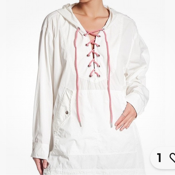FREE PEOPLE White POPLIN Pink Laced OVERSIZED Hooded BEACH Hoodie JACKET - Picture 6 of 8